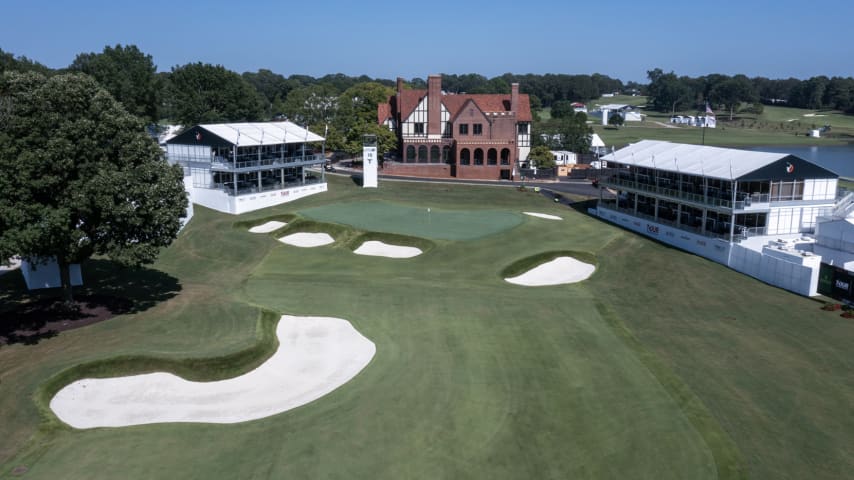 An aerial view of the 18th hole prior to the TOUR Championship at the newly renovated East Lake Golf Club. (Chris Condon/PGA TOUR)