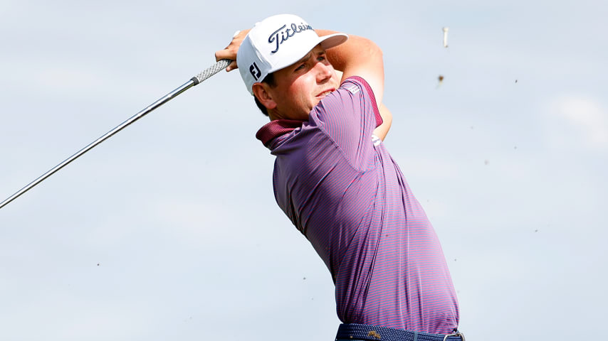 OMAHA, NEBRASKA - AUGUST 11: Patrick Flavin of the United States plays his tee shot on the eighth hole during the second round of the Pinnacle Bank Championship presented by Aetna at The Club at Indian Creek on August 11, 2023 in Omaha, Nebraska. (Photo by David Berding/Getty Images)