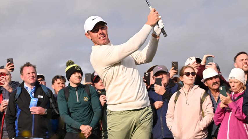 Rory McIlroy heads into the final round with a one-stroke lead in search of his second Amgen Irish Open title. (Ross Kinnaird/Getty Images)