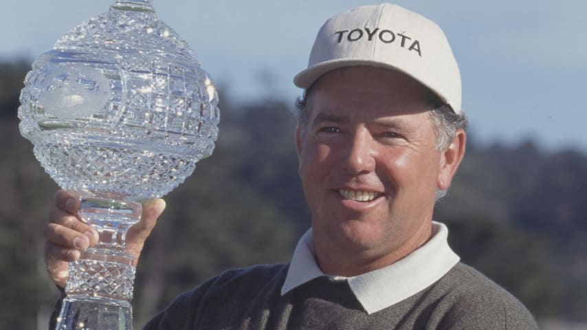 Mark O'Meara poses with the trophy after winning the 1997 AT&T Pebble Beach Pro-Am. (PGA TOUR Archive)