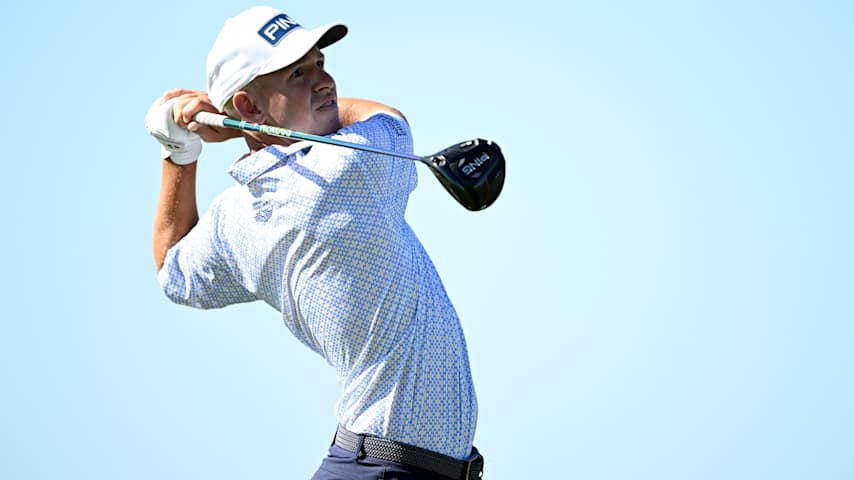 CABO SAN LUCAS, MEXICO - NOVEMBER 08: Sam Stevens of the United States plays his shot from the 14th tee during the second round of the World Wide Technology Championship 2024 at El Cardonal at Diamante on November 08, 2024 in Cabo San Lucas, Mexico. (Photo by Orlando Ramirez/Getty Images)