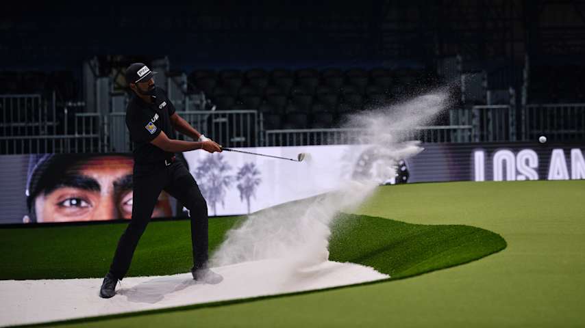 Sahith Theegala, a member of TGL's Los Angeles Golf Club, practices on one of TGL's sand bunkers. (Credit TGL presented by SoFi)