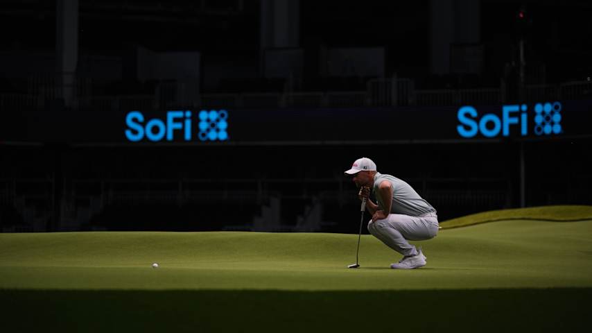 Wyndham Clark, a member of TGL's The Bay Golf Club, practices putting on TGL's rotating, 3,800-square-foot putting surface. (Credit TGL presented by SoFi)