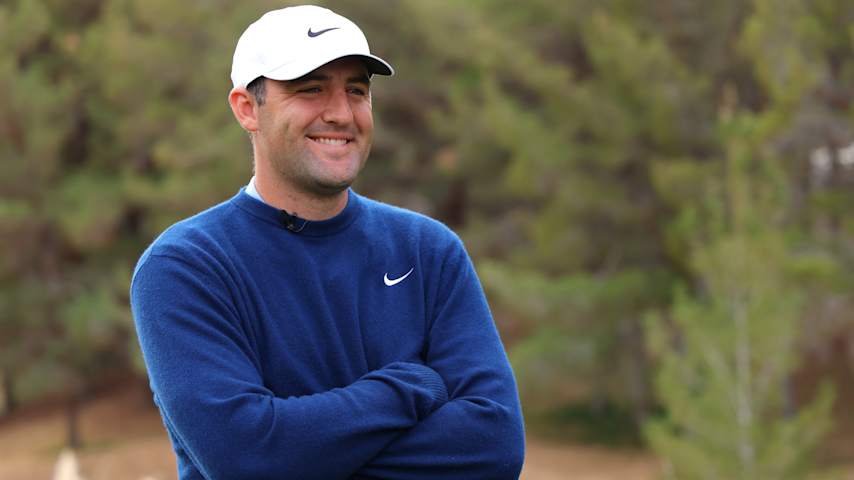 LAS VEGAS, NEVADA - DECEMBER 16: Scottie Scheffler of the PGA Tour smiles before The Showdown: McIlroy and Scheffler v DeChambeau and Koepka at Shadow Creek Golf Course on December 16, 2024 in Las Vegas, Nevada. (Photo by Kevin C. Cox/Getty Images for The Showdown)