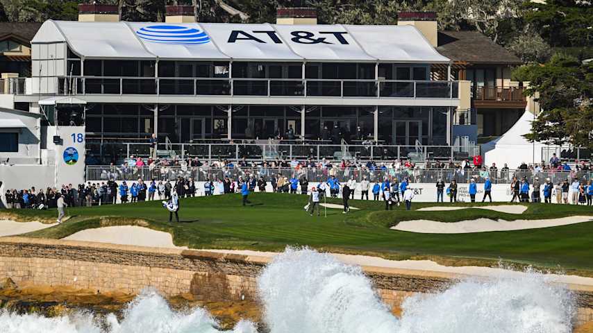 PEBBLE BEACH, CA - FEBRUARY 06: A course scenic view as waves crash along the 18th hole during the continuation of the final round of the AT&T Pebble Beach Pro-Am at Pebble Beach Golf Links on February 6, 2023 in Pebble Beach, California. (Photo by Keyur Khamar/PGA TOUR via Getty Images)