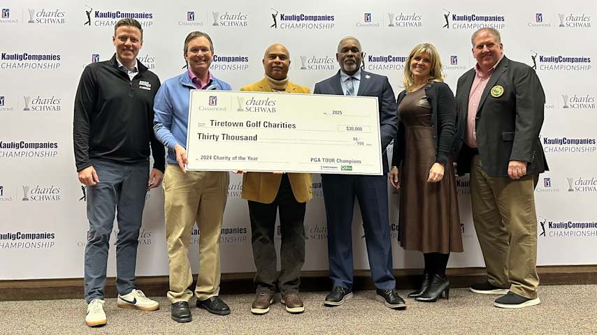 PGA TOUR Champions Charity of the Year check presentation. From left to right (Kevin Hill, Vice President, Kaulig Companies & Northern Ohio Golf Charities Executive Committee; Don Padgett, Executive Director, Kaulig Companies Championship; Jay Curry, Chairperson, Tiretown Golf Charities Board; Ralph Pulk, President, Tiretown Golf Club; Danielle Thompson, Executive Director, Northern Ohio Golf Charities & Foundation; Mike Adolph, President, Northern Ohio Golf Charities Executive Committee)