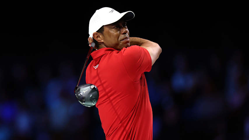 Tiger Woods of Jupiter Links Golf Club seen using a TalyorMade Qi35 LS driver last night during their TGL match against the Boston Common Golf. (Carmen Mandato/TGL via Getty Images)