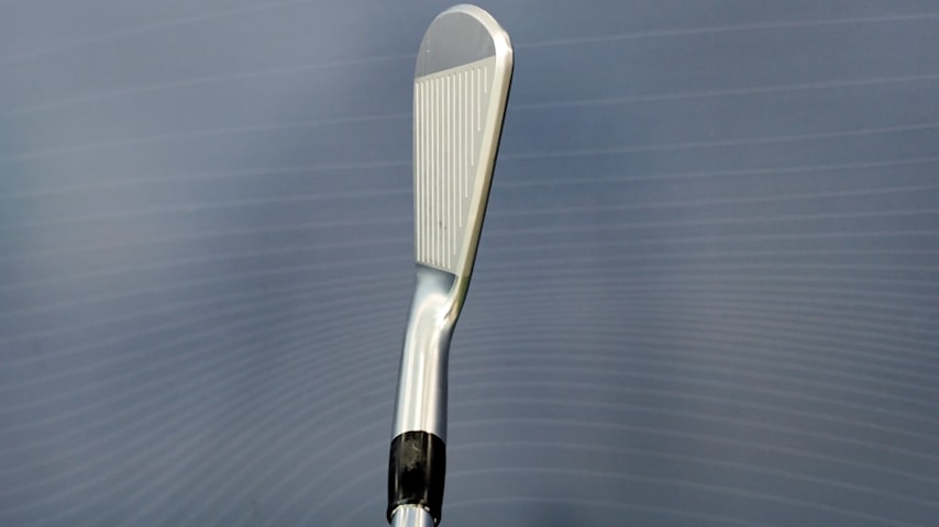A detailed view looking down at one of Min Woo Lee's custom Callaway prototype irons at address. (Courtesy GolfWRX)