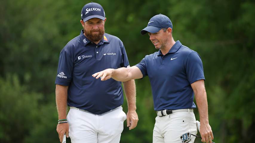AVOShane Lowry of Ireland (left) and Rory McIlroy of Northern Ireland speak on the second green during the third round of the Zurich Classic of New Orleans at TPC Louisiana on April 27, 2024, in Avondale, Louisiana. (Chris Graythen/Getty Images)
