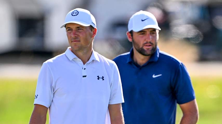 Jordan Spieth and Scottie Scheffler at the sixth green during the third round of the 2023 Hero World Challenge at Albany Golf Course. (Tracy Wilcox/PGA TOUR via Getty Images)