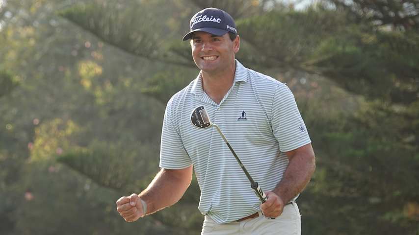 Hunter Wolcott reacts after claiming the Diners Club Peru Open title Sunday in Lima, Peru. With the win, he jumped to fourth in the Fortinet Cup standings. (Gregory Villalobos/PGA TOUR Americas)