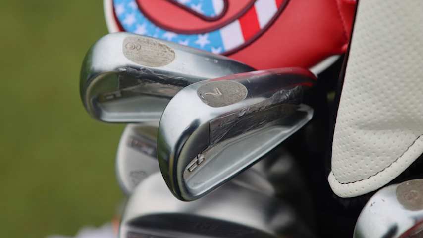 A look at the custom sole and lead tape on Wyndham Clark's Titleist 620 CB irons. (GolfWRX)