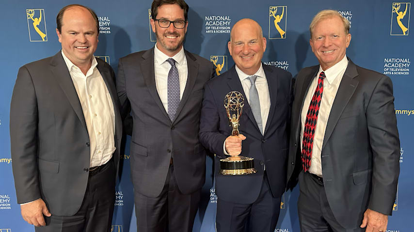 Sellers Shy (CBS Lead Golf Producer), Alex Turnbull (PGA TOUR Vice President, Production Technology), Jon Freedman (PGA TOUR Senior Vice President, Media Broadcasting) and Tommy Roy (NBC Lead Golf Producer) pose after winning the George Wensel Technical Achievement Award at the 46th Sports Emmy Awards. (Sports Emmy Awards)