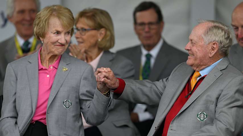 Jack Nicklaus and Barbara Nicklaus hold hands during the 2025 Memorial Tournament Honoree ceremony, prior to the Memorial Tournament. (Ben Jared/PGA TOUR)