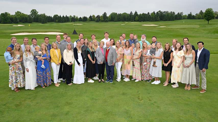 Jack and Barbara Nicklaus pose with their entire family during the 2025 Memorial Tournament Honoree ceremony, prior to the Memorial Tournament presented by Workday at Muirfield Village Golf Club on May 28, 2025 in Dublin, Ohio. (Ben Jared/PGA TOUR)