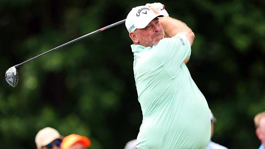 MADISON, WISCONSIN - JUNE 07: Thomas Bjorn of Denmark plays his shot on the fourth hole during the second round of the American Family Insurance Championship 2025 at TPC Wisconsin on June 07, 2025 in Madison, Wisconsin. (Photo by David Berding/Getty Images)