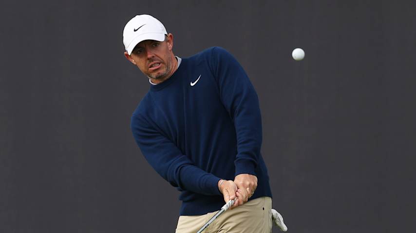 Rory McIlroy plays a chip shot during a practice round prior to The 153rd Open Championship at Royal Portrush. (Richard Heathcote/Getty Images)