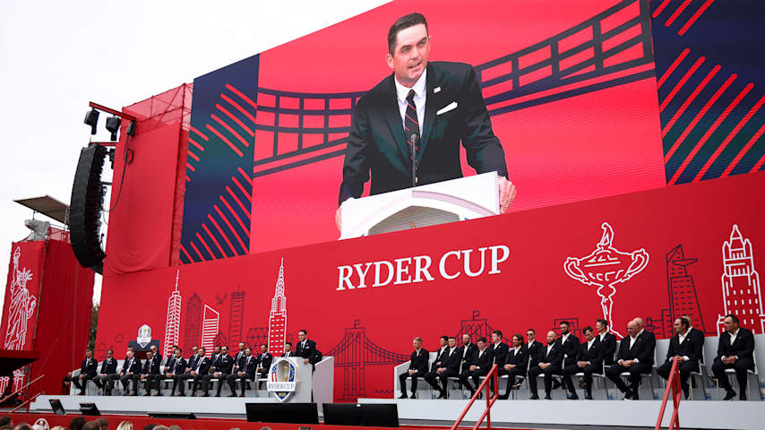 Captain Keegan Bradley speaks to the crowd during the Opening Ceremony for the 2025 Ryder Cup. (Jared C. Tilton/Getty Images)