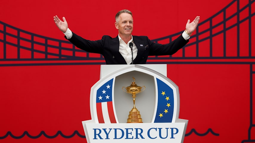 Captain Luke Donald speaks to the crowd during the Opening Ceremony for the 2025 Ryder Cup. (Harry How/Getty Images)