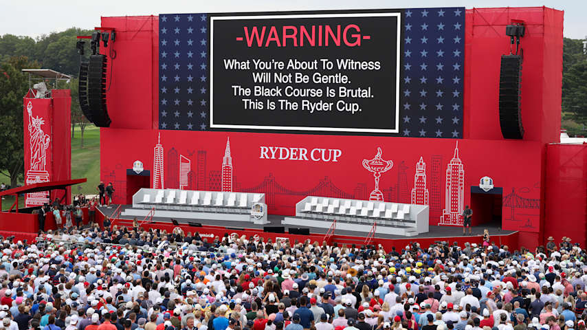 A Ryder Cup themed Bethpage Black course warning sign is displayed during the Opening Ceremony for the 2025 Ryder Cup. (Jamie Squire/Getty Images)
