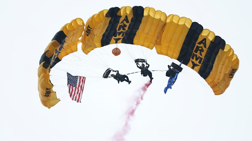 The Golden Knights Parachute Team perform during the Opening Ceremony for the 2025 Ryder Cup. (Jamie Squire/Getty Images)