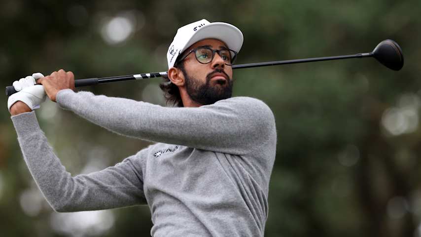 NAPA, CALIFORNIA - SEPTEMBER 11: Akshay Bhatia of the United States plays his shot from the 13th tee during the first round of the Procore Championship 2025 at Silverado Resort and Spa on September 11, 2025 in Napa, California. (Photo by Jed Jacobsohn/Getty Images)