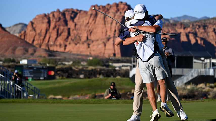 Michael Brennan celebrates with his caddie, Jeff Kirkpatrick, after he wins the Bank of Utah Championship at Black Desert Resort in Ivans, Utah. (Tracy Wilcox/PGA TOUR)