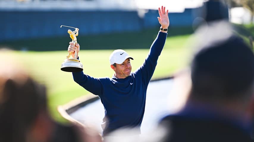 Rory McIlroy during the trophy ceremony after defeating J.J. Spaun in a Monday playoff to win THE PLAYERS Championship 2025 at TPC Sawgrass in Ponte Vedra Beach, Florida. (Tracy Wilcox/PGA TOUR)