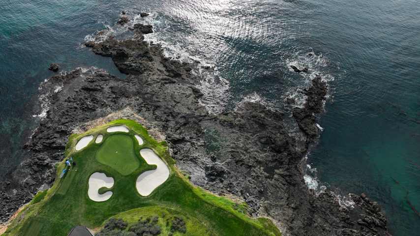 (EDITOR'S NOTE: Image taken with a drone.) An aerial view of the seventh hole prior to AT&T Pebble Beach Pro-Am at Pebble Beach Golf Links in Pebble Beach, California. (Ben Jared/PGA TOUR)
