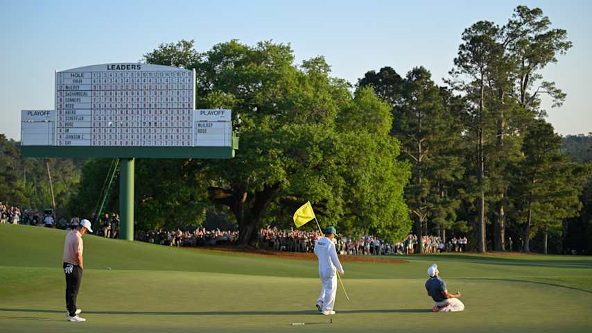 Rory McIlroy reacts to making the winning putt on the 18th green during a playoff at the final round of  Masters at Augusta National Golf Club in Augusta, Georgia. (Ben Jared/PGA TOUR)