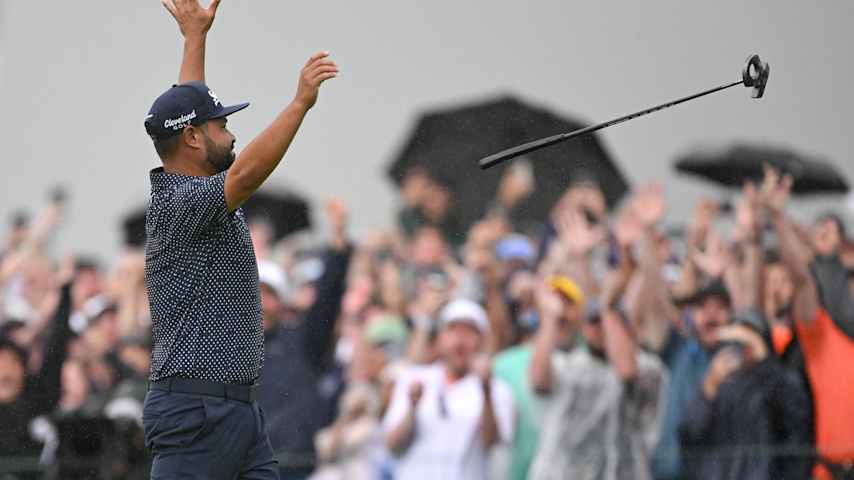 J.J. Spaun reacts to making the winning putt on the 18th green during the final round of 125th U.S. Open Championship at Oakmont Country Club in Oakmont, Pennsylvania. (Ben Jared/PGA TOUR)