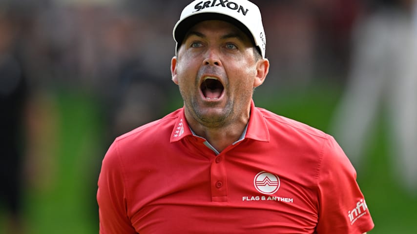 Keegan Bradley reacts to making the winning putt on the 18th green during the final round of the Travelers Championship at TPC River Highlands in Cromwell, Connecticut. (Ben Jared/PGA TOUR)