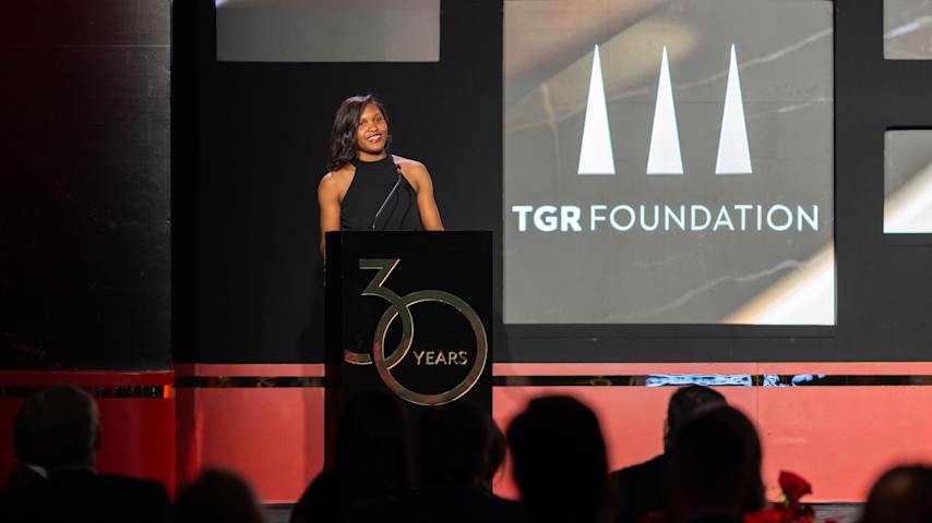 Saafiya Gresham, a TGR Learning Lab Philadelphia alumna who is now a freshman at Temple University, at the 30th anniversary event for Tiger Woods’ TGR Foundation which celebrated raising more than $50 million to expand educational programs to new communities (TGR Foundation/Jenna Bascom).