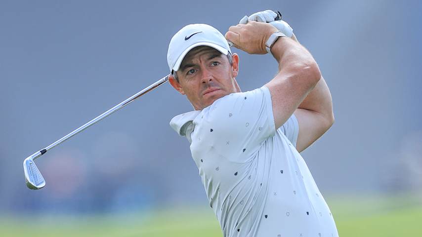 Rory McIlroy in the hunt as he plays his second shot on the 13th at the Dubai Invitational 2026 at Dubai Creek Resort in Dubai, United Arab Emirates. (David Cannon/Getty Images)