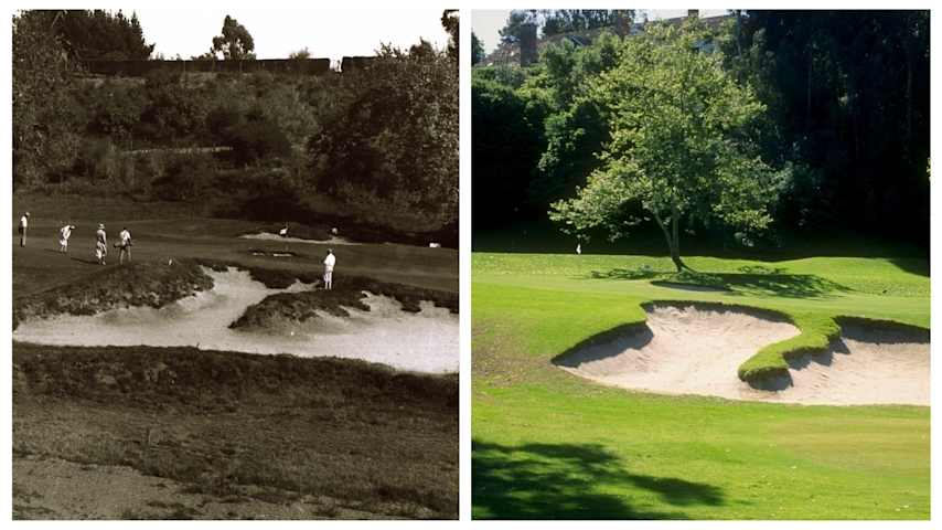 A side-by-side comparison of the par-3 sixth hole at The Riviera Country Club in 1927 compared to how it looks today. (left, TGR Foundation; right, Gary Newkirk/Getty Images)