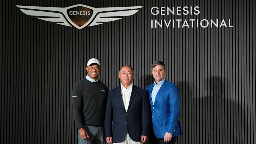 From left to right, Tiger Woods, Executive Chair of Hyundai Motor Group Euisun Chung and PGA TOUR CEO Brian Rolapp at a signing ceremony at The Riviera Country Club. (Courtesy PGA TOUR)