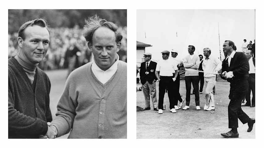 On the left, Arnold Palmer is congratulated by Neil Coles after winning the Piccadilly World Match Play Championship in 1964. (Keystone/Hulton Archive/Getty Images) On the right, Arnold Palmer drives off the first green during The Open Championship at St. Andrews in 1970 as Gary Player and Jack Nicklaus watch. (Express Newspapers/Getty Images)
