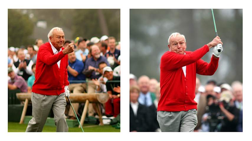 Honorary starter Arnold Palmer tees off to begin the first round of the 2013 Masters at Augusta National. (Andrew Redington/Getty Images).