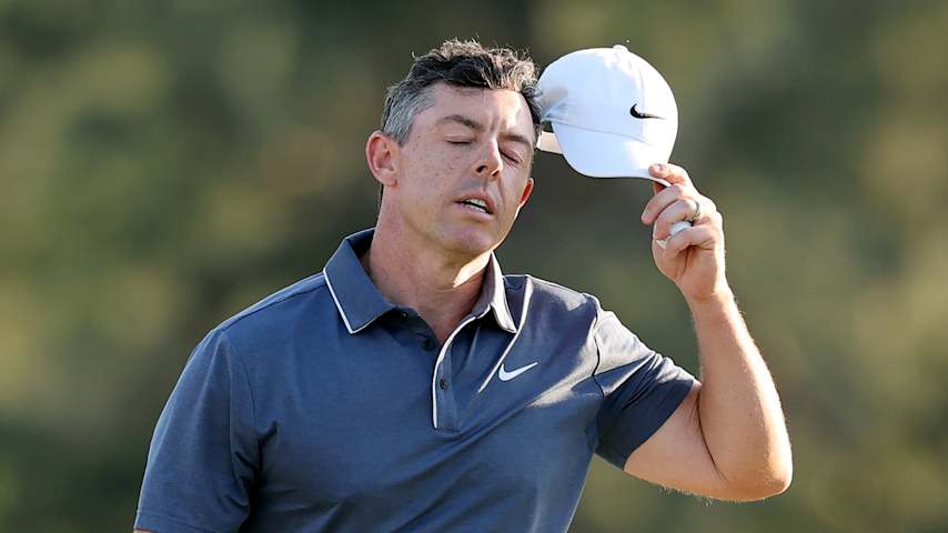 Rory McIlroy reacts to missing a par putt on the 18th hole during the final round of the 2025 Masters Tournament. (Michael Reaves/Getty Images)