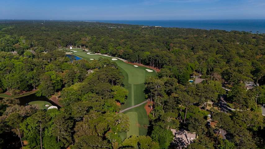 The 561-yard, par-5 fifth hole underwent major changes, including the removal of the cart path crossing in the fairway, lowering the green complex and moving the live oak on the right side of the green closer to the fairway, with its canopy extending over the right side of the green. (Justin Naro/PGA TOUR)