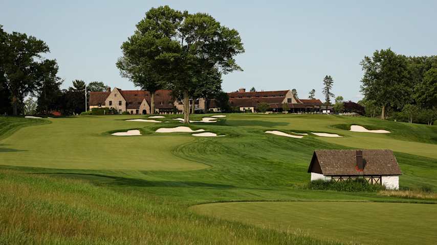 A general view of the 18th hole and the iconic cottage at Aronimink Golf Club. (Scott Taetsch/PGA of America)