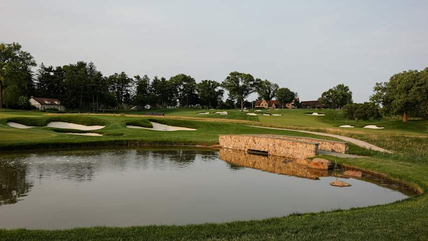 A look at the lengthy par-3 17th hole at Aronimink Golf Club. (Scott Taetsch/PGA of America)