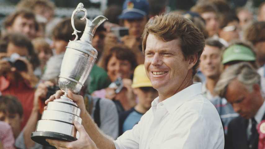 Tom Watson holds the slightly damaged claret jug at Royal Birkdale Golf Club after winning his second straight Open Championship in 1983. (David Cannon/Allsport/Getty Images)