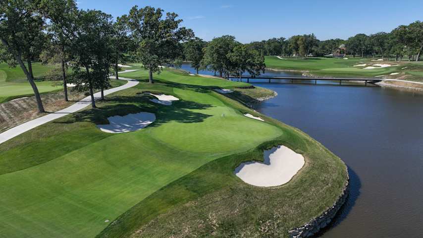 A drone shot of the par-3 13th hole for the 2026 Presidents Cup at Medinah Country Club, Course No. 3, in Chicago, Illinois. (Photo by Quinn Harris/PGA Tour)