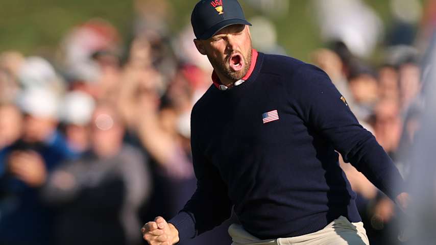 Wyndham Clark of the U.S. Team reacts on the sixth green during Saturday's Four-ball matches on day three of the Presidents Cup 2026 at Medinah Country Club on September 26, 2026 in Medinah, Illinois. (Michael Reaves/Getty Images)