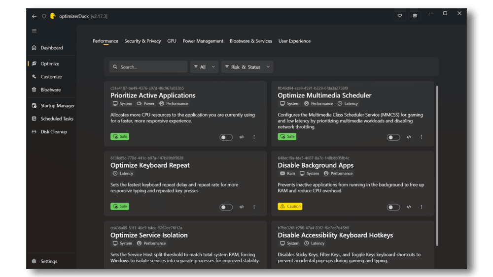 Optimizer Duck: Công cụ tối ưu Windows, dọn rác và tăng tốc hiệu suất (Open Source)