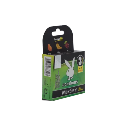 MAX SENS CONDOMS TROP MIX (MANGO/PLATANO/UVA) BOLSA C/3 PLAYBOY