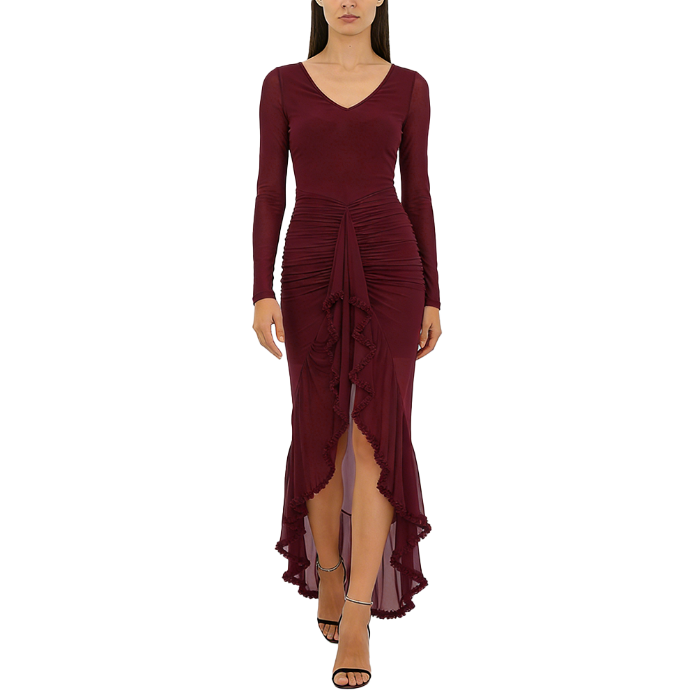 Women's Elegant V-Neck Sheer Ruffle Hem Dress - Lightweight Summer Evening Wear
