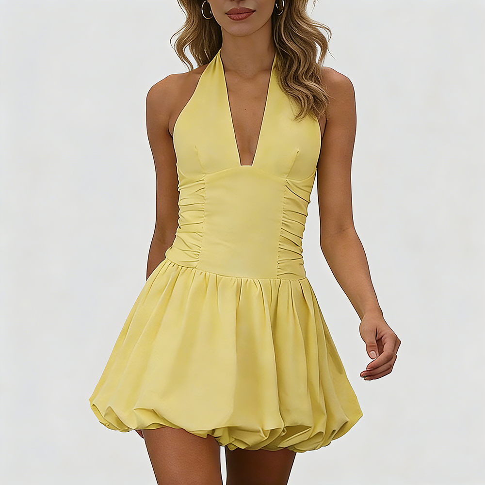 Women's Deep V-Neck Backless Halter Bubble Mini Dress with Ribbon Bow Detail