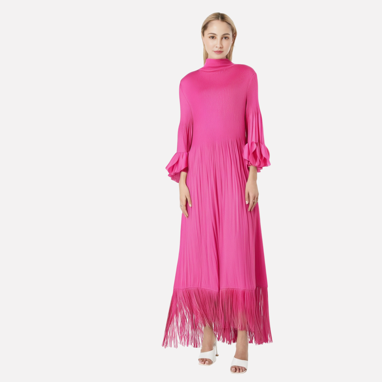 Elegant Women's Long Maxi Dress with Lotus Leaf Sleeves and Tassel Accents - Sophisticated Semi-High Collar Design